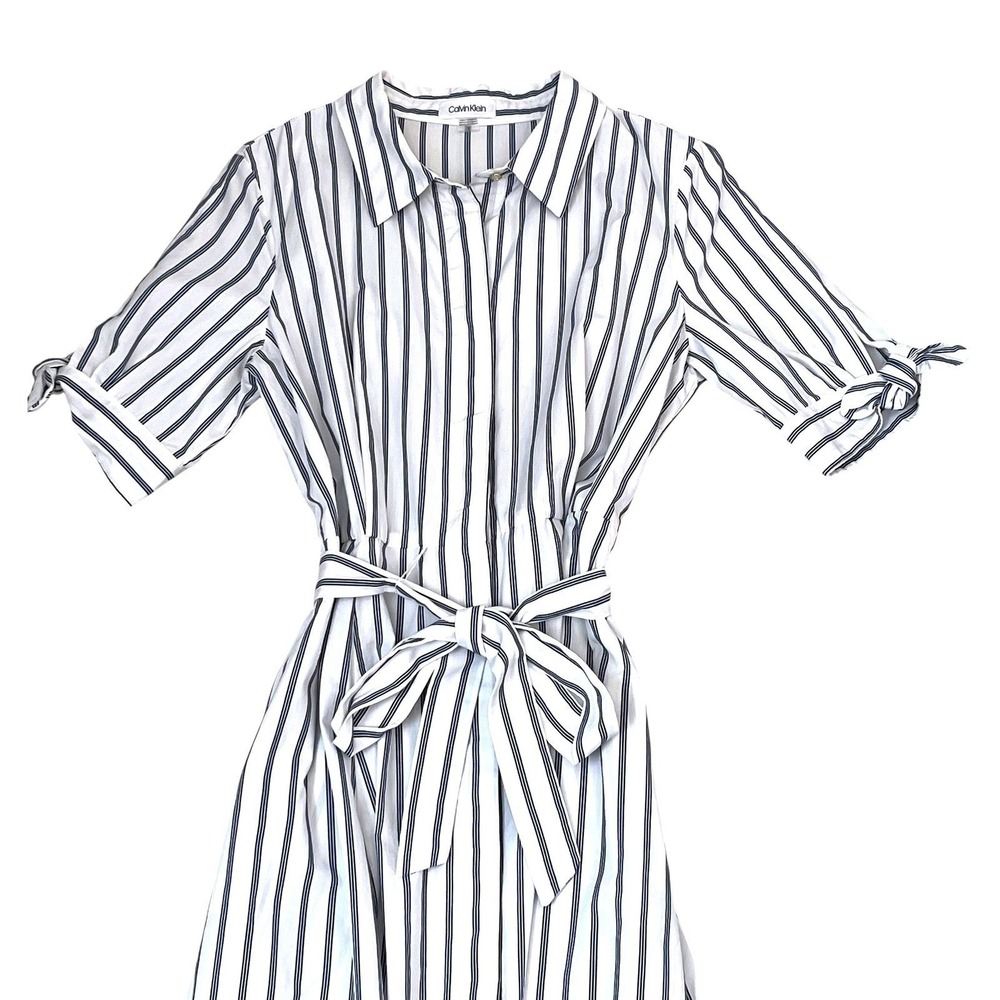Calvin Klein Shirt Dress Women 8 Blue White Excellent Striped Midi Cotton Belted - Picture 15 of 16